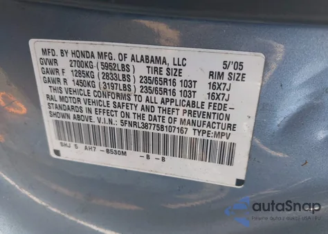 2005 Honda Odyssey Ex-L from USA, damaged, VIN 5FNRL38775B107167